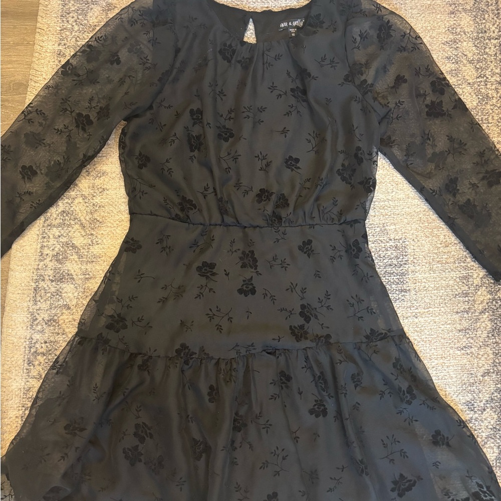 Black Pleated Fit and Flare Dress with Bishop Sleeves